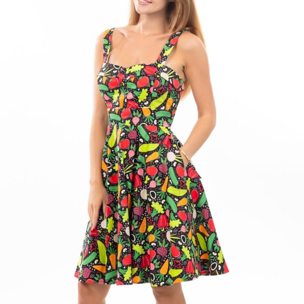 Eva Rose Halter Veggie Vegetable Garden Fit & Flare Pin-Up Dress, size Medium